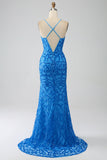 Robe de Soirée longue sirène bleue à bretelles spaghetti et paillettes