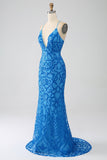 Robe de Soirée longue sirène bleue à bretelles spaghetti et paillettes