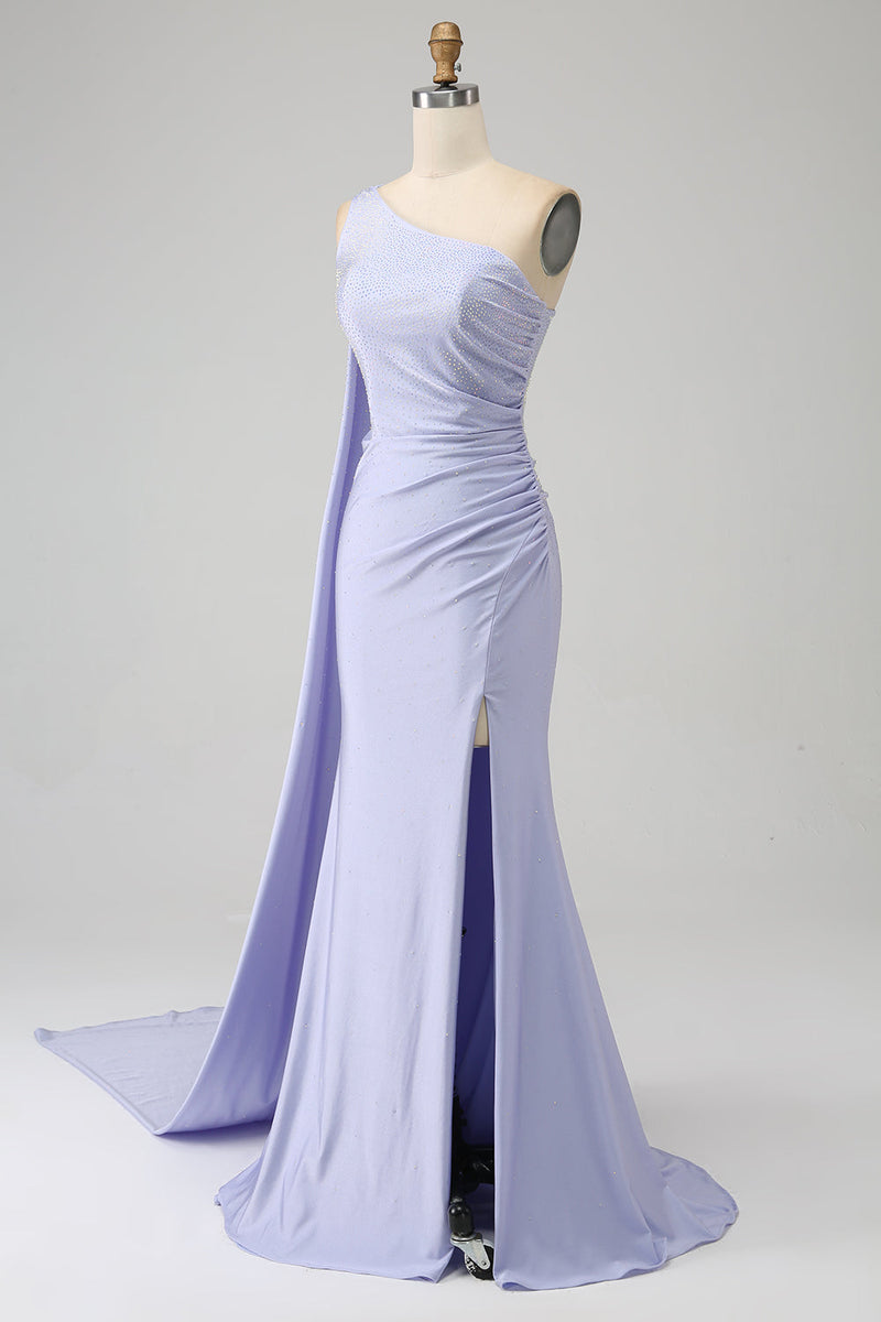 Charger l&#39;image dans la galerie, Sirène lilas une épaule longue robe de bal avec fente