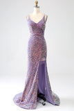 Robe de soirée scintillante sirène paillettes violet clair avec fente