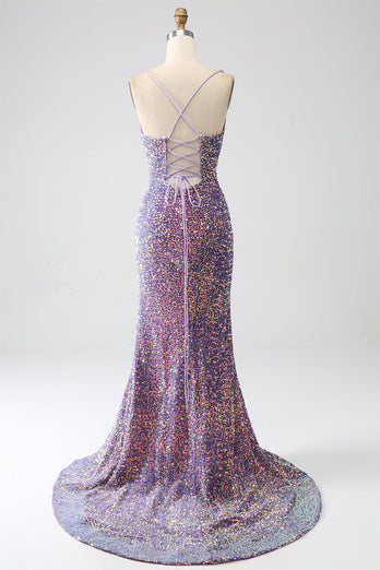 Robe de soirée scintillante sirène paillettes violet clair avec fente