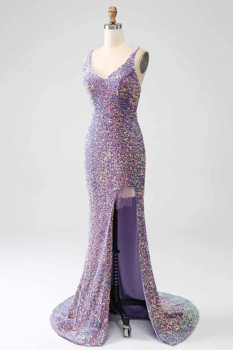 Charger l&#39;image dans la galerie, Robe de soirée scintillante sirène paillettes violet clair avec fente