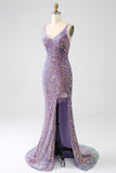 Robe de soirée scintillante sirène paillettes violet clair avec fente