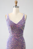 Robe de soirée scintillante sirène paillettes violet clair avec fente