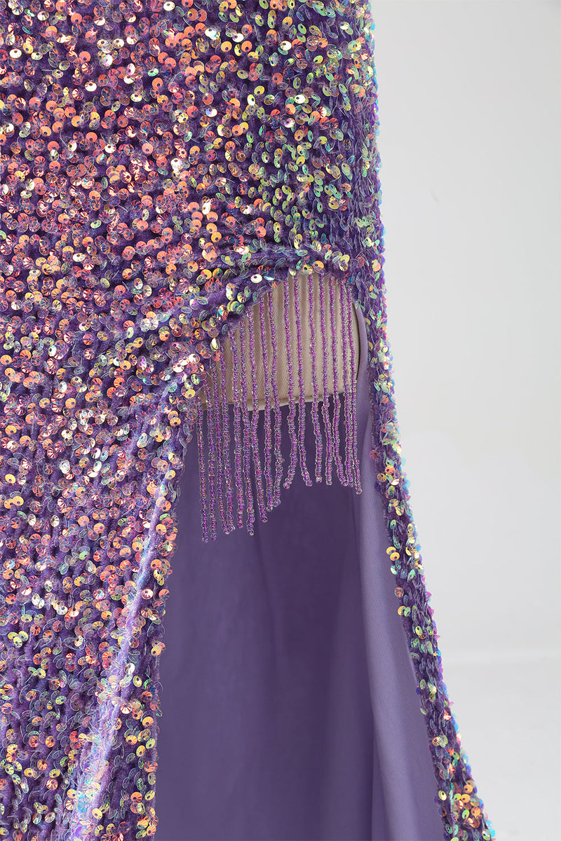 Charger l&#39;image dans la galerie, Robe de soirée scintillante sirène paillettes violet clair avec fente