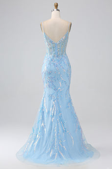 Brillant bleu clair sirène spaghetti bretelles longue robe de bal avec perles