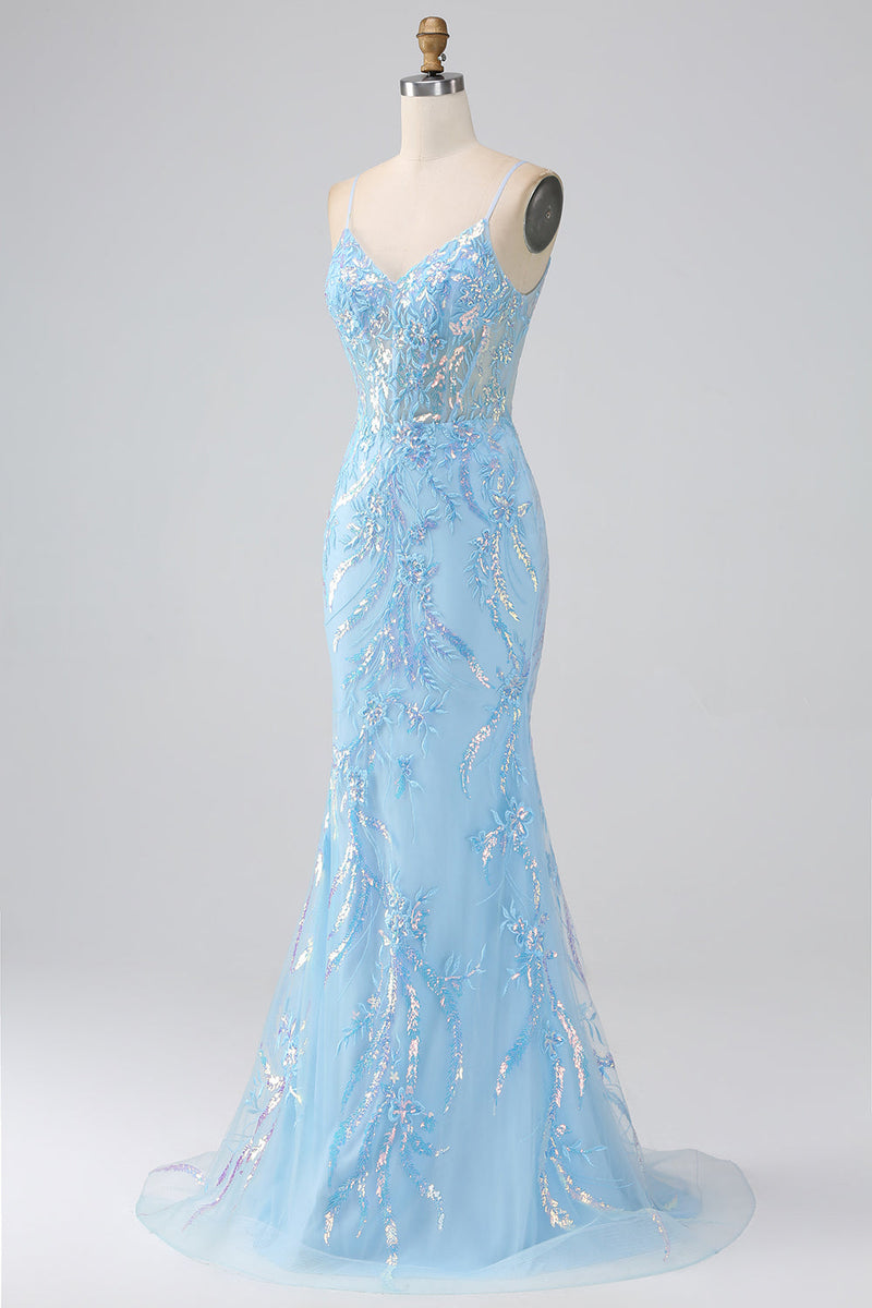 Charger l&#39;image dans la galerie, Brillant bleu clair sirène spaghetti bretelles longue robe de bal avec perles