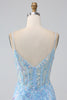 Charger l&#39;image dans la galerie, Brillant bleu clair sirène spaghetti bretelles longue robe de bal avec perles