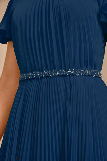 Robe de mariée plissée à col rond bleu marine à manches courtes