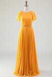 Robe trapèze col rond plissée jaune pour mère de la mariée avec manches courtes