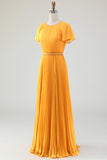 Robe trapèze col rond plissée jaune pour mère de la mariée avec manches courtes