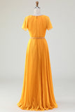 Robe trapèze col rond plissée jaune pour mère de la mariée avec manches courtes