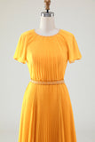 Robe trapèze col rond plissée jaune pour mère de la mariée avec manches courtes