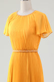 Robe trapèze col rond plissée jaune pour mère de la mariée avec manches courtes