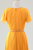 Robe trapèze col rond plissée jaune pour mère de la mariée avec manches courtes