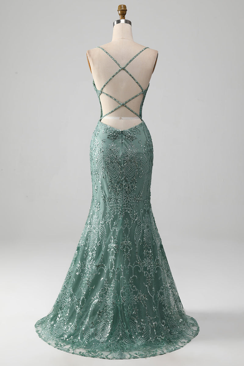 Charger l&#39;image dans la galerie, Spaghetti Staps brillant gris vert robe de Soirée avec perles