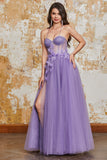 A-ligne Spaghetti Bretelles Violet Corset Robe de soirée avec des fleurs 3D