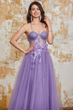 A-ligne Spaghetti Bretelles Violet Corset Robe de soirée avec des fleurs 3D