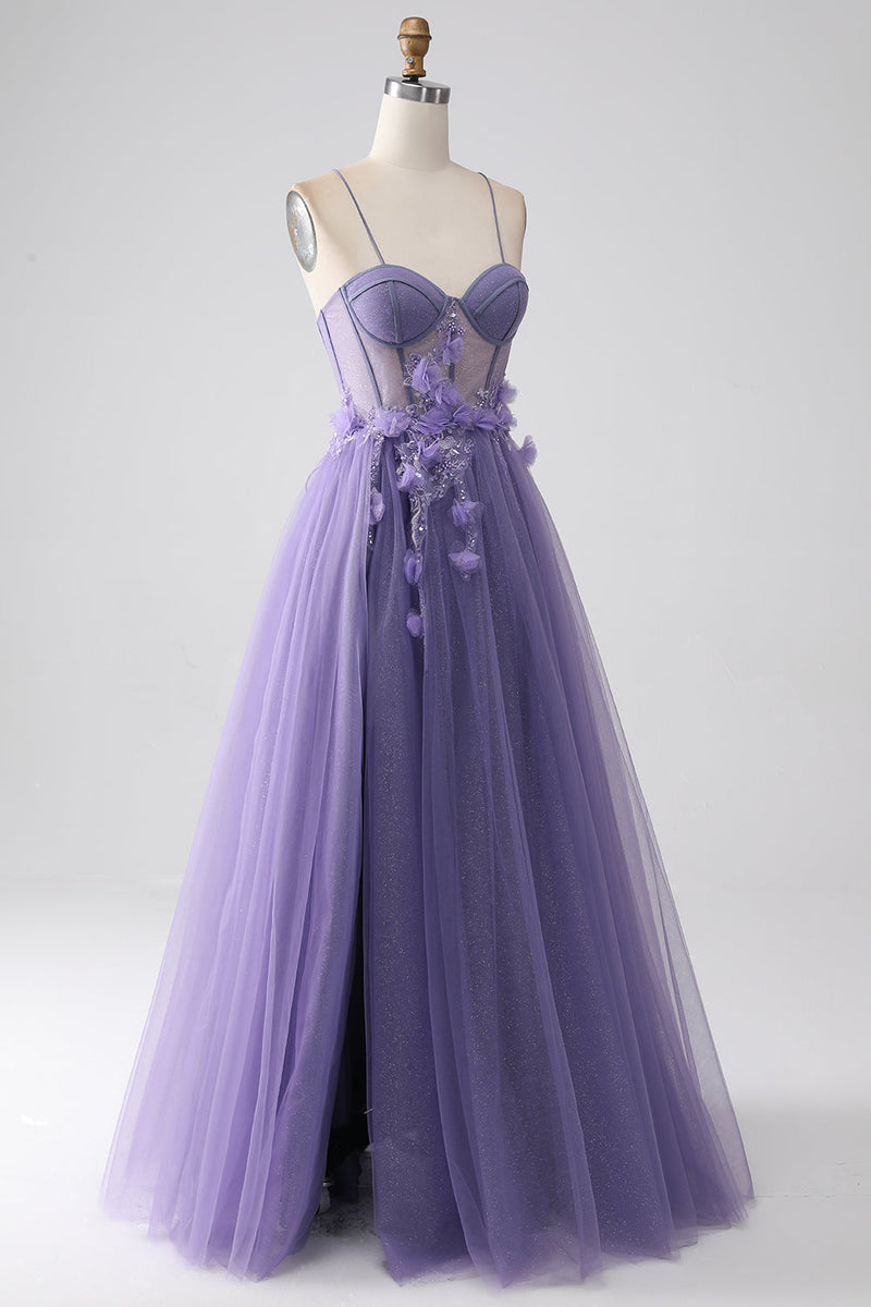 Charger l&#39;image dans la galerie, Violet A-ligne Spaghetti Bretelles Corset Corset Robe de soirée avec des fleurs 3D