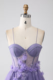 Violet A-ligne Spaghetti Bretelles Corset Corset Robe de soirée avec des fleurs 3D