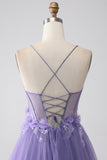 Violet A-ligne Spaghetti Bretelles Corset Corset Robe de soirée avec des fleurs 3D