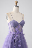 Violet A-ligne Spaghetti Bretelles Corset Corset Robe de soirée avec des fleurs 3D