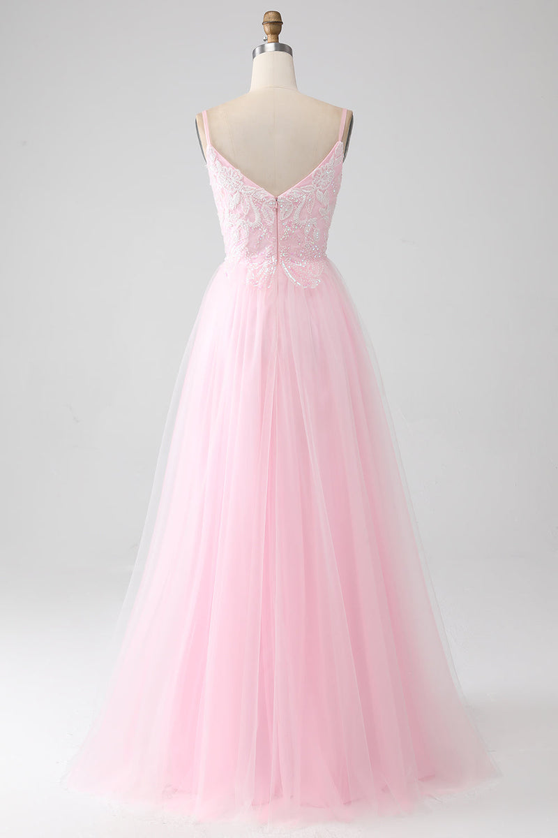 Charger l&#39;image dans la galerie, Robe de soirée rose clair A-ligne bretelles spaghetti avec perles