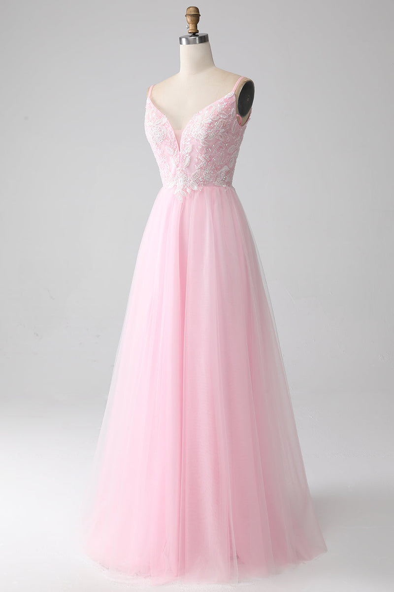 Charger l&#39;image dans la galerie, Robe de soirée rose clair A-ligne bretelles spaghetti avec perles