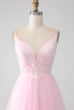 Robe de soirée rose clair A-ligne bretelles spaghetti avec perles