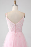 Robe de soirée rose clair A-ligne bretelles spaghetti avec perles