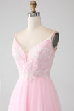 Robe de soirée rose clair A-ligne bretelles spaghetti avec perles
