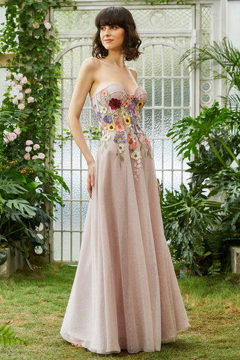 Elégante Une ligne robe d'invité de mariage longue sans bretelles blush avec des fleurs 3D