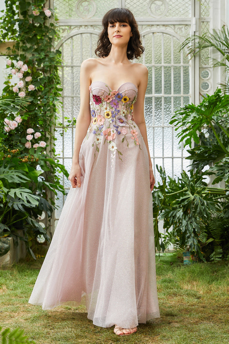 Charger l&#39;image dans la galerie, Elégante Une ligne robe d&#39;invité de mariage longue sans bretelles blush avec des fleurs 3D