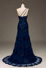 Charger l&#39;image dans la galerie, Robe de Soirée longue à une épaule en dentelle bleu marine foncé scintillante avec fente