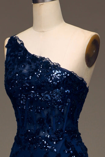 Robe de Soirée longue à une épaule en dentelle bleu marine foncé scintillante avec fente