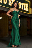 Robe de soirée corset vert foncé à bretelles spaghetti sirène élégante avec fente devant