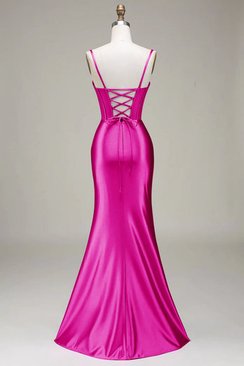 Robe de bal corset violet à bretelles spaghetti sirène élégante avec fente devant