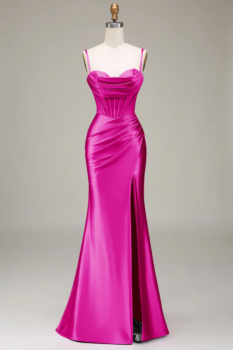 Charger l&#39;image dans la galerie, Robe de bal corset violet à bretelles spaghetti sirène élégante avec fente devant