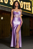 Robe de bal corset violet à bretelles spaghetti sirène élégante avec fente devant