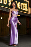 Robe de bal corset violet à bretelles spaghetti sirène élégante avec fente devant