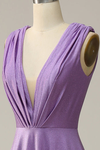 Une ligne Robe de Soirée longue sans manches violette à col en V profond