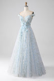 Robe de soirée longue Corset à épaules longues bleu clair A-ligne