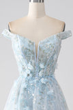 Robe de soirée longue Corset à épaules longues bleu clair A-ligne