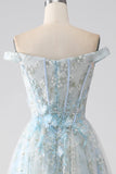 Robe de soirée longue Corset à épaules longues bleu clair A-ligne