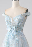 Robe de soirée longue Corset à épaules longues bleu clair A-ligne