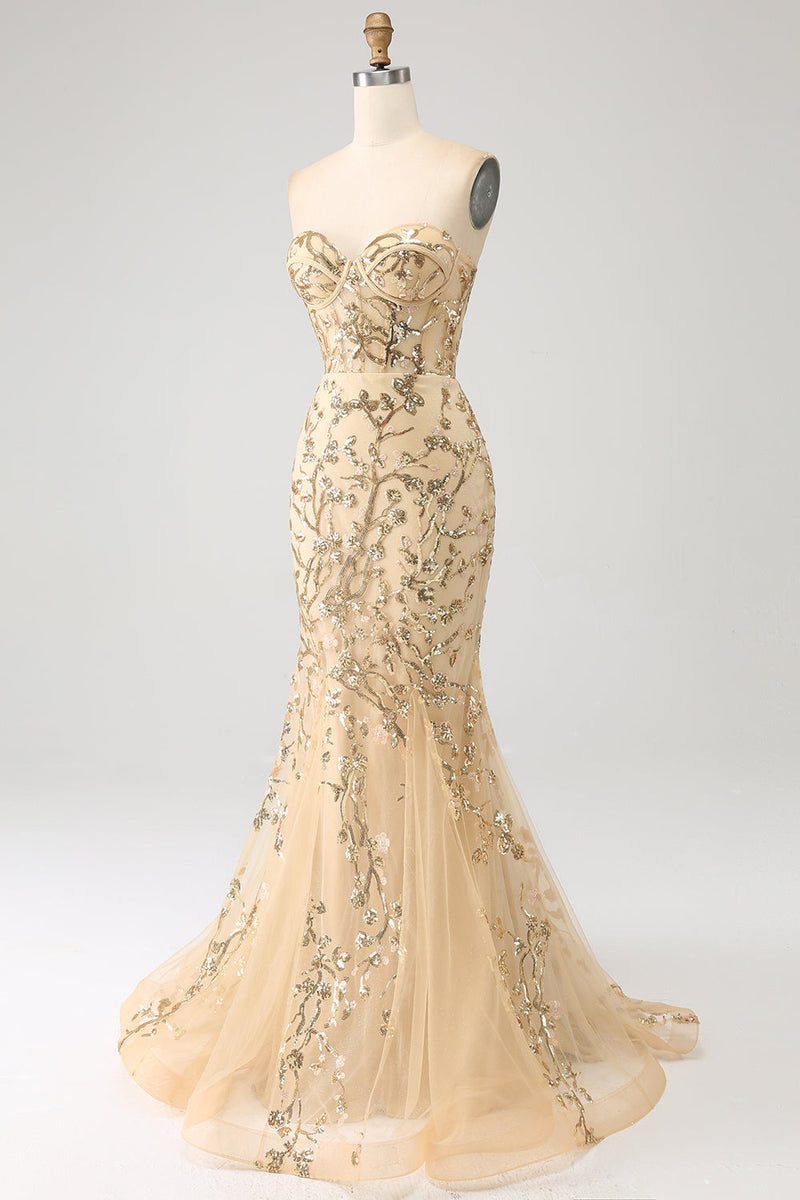 Charger l&#39;image dans la galerie, Sirène Champagne scintillant Corset robe de soirée