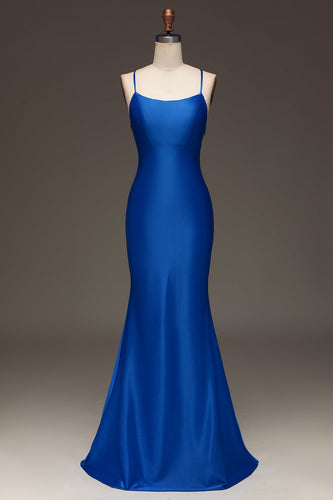 Simple robe longue de sirène en satin bleu royal
