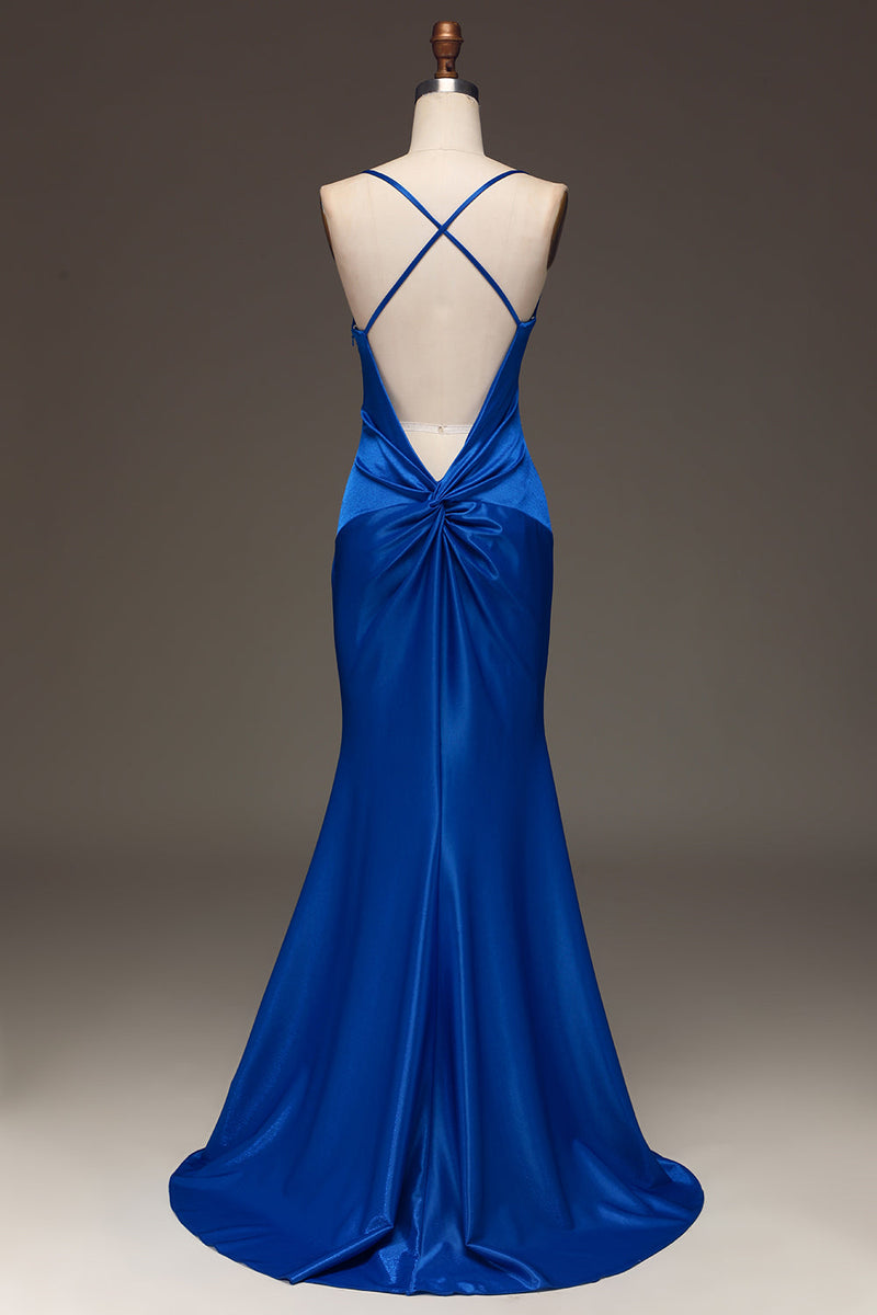 Charger l&#39;image dans la galerie, Simple robe longue de sirène en satin bleu royal
