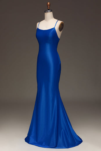 Simple robe longue de sirène en satin bleu royal