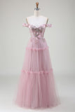 Robe de soirée rose en Tulle à épaules dénudées avec des Appliques